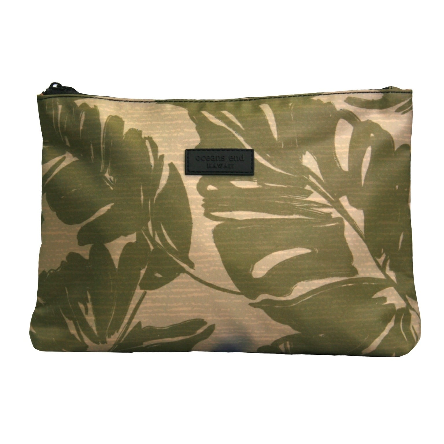 camo colored tropical foliage zippered pouch with black hardware - Oceans End