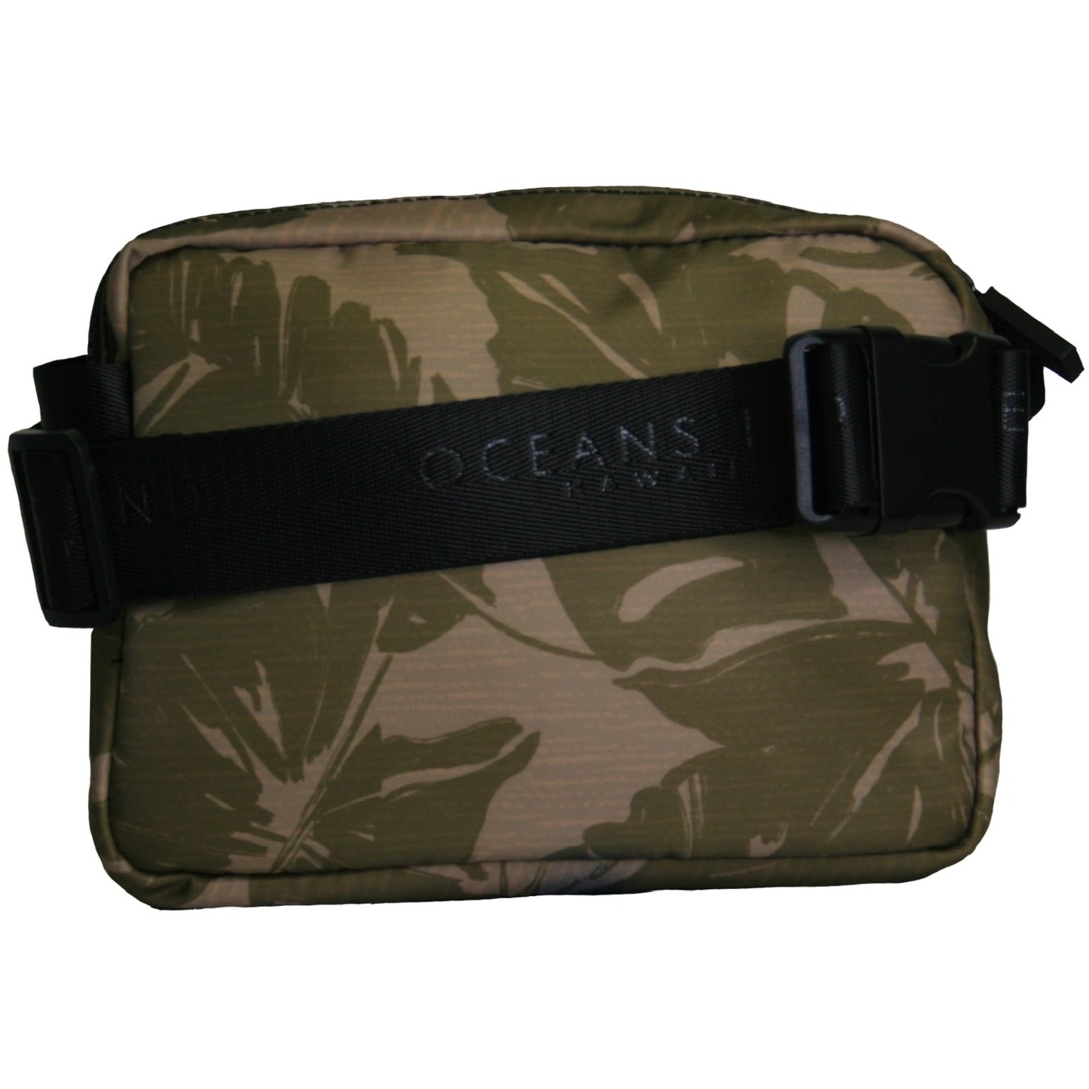 back of camo colored tropical foliage fanny or hip pack with black strap - Oceans End