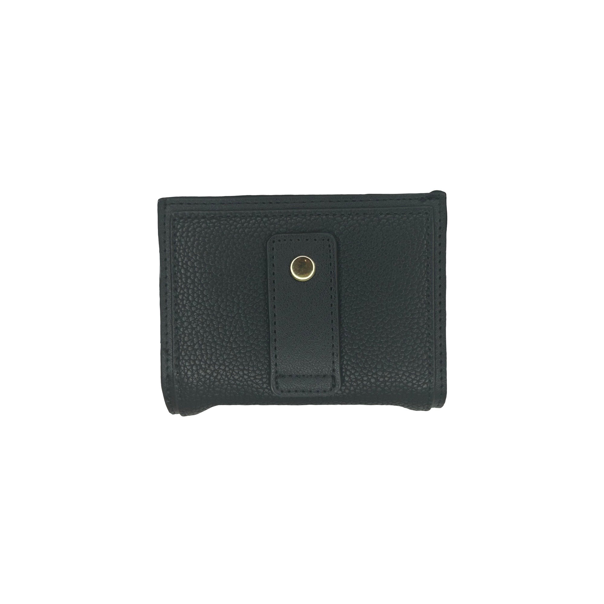 Back of a vegan mini wallet in black vegan leather with a brass snap- Oceans End