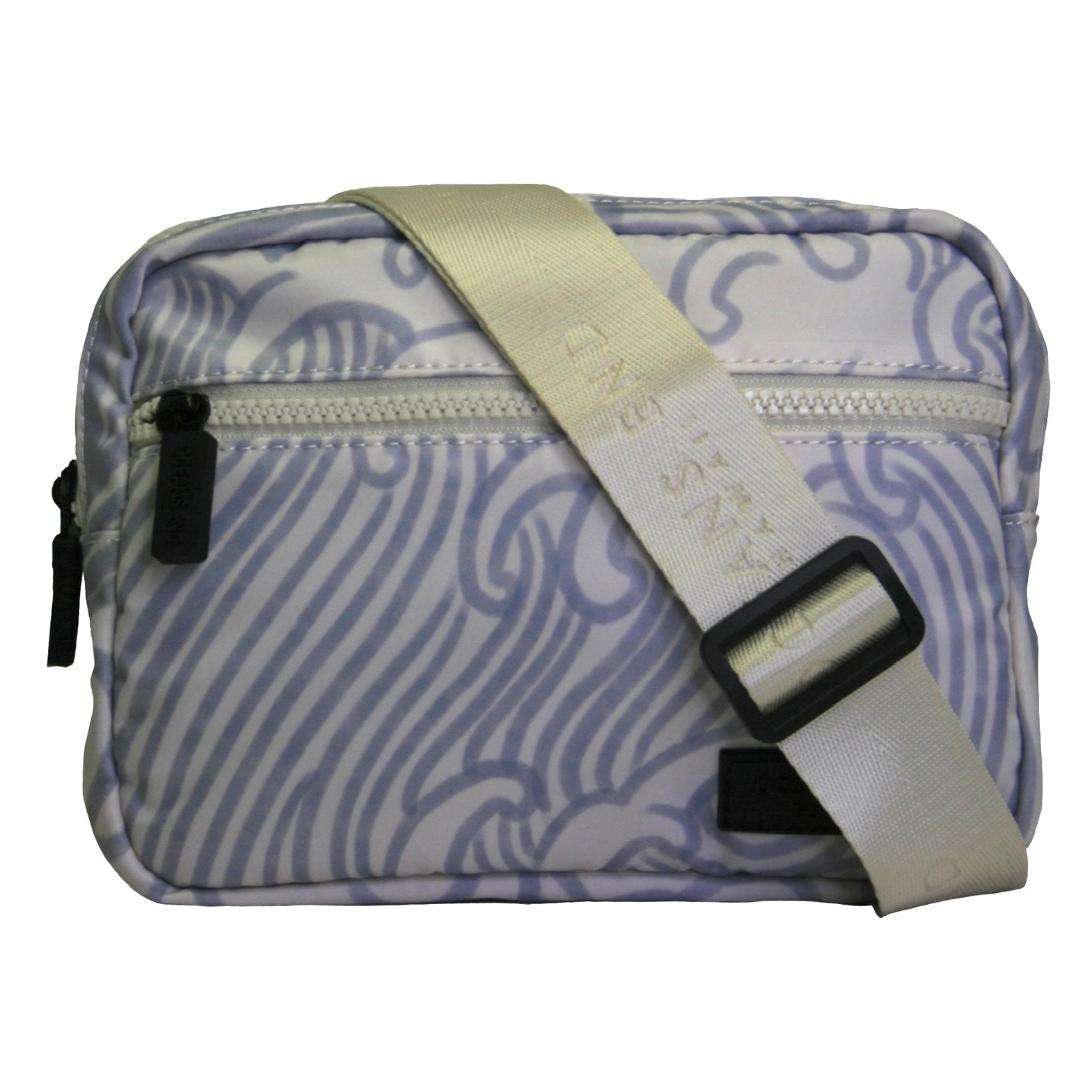 white and blue wave fanny or hip pack with beige strap - Oceans End