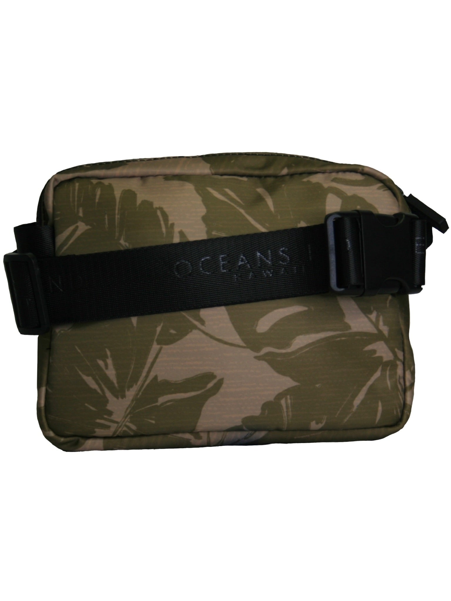back of camo colored tropical foliage fanny or hip pack with black strap - Oceans End