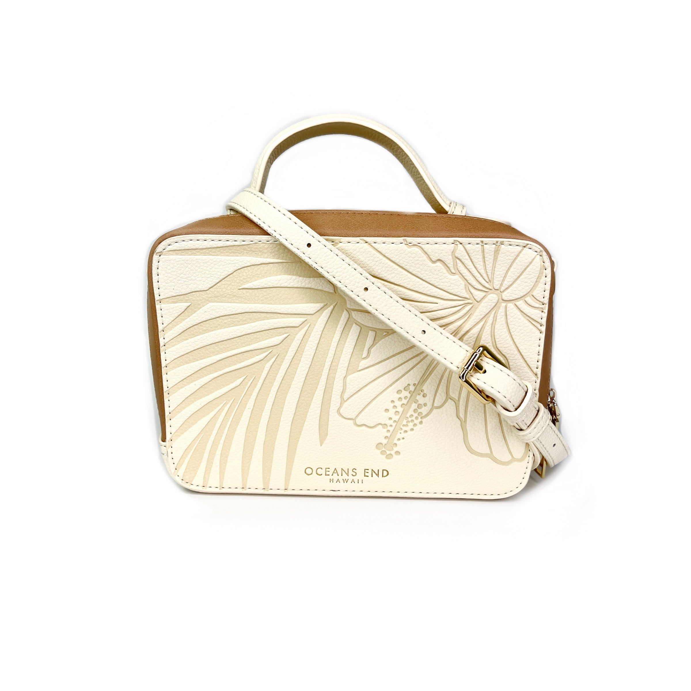Creme crossbody camera bag with tropical flower embossed on vegan leather - Oceans End