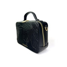 Black crossbody camera bag with tropical flower embossed on vegan leather and brass hardware - Oceans End