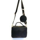 Black crossbody camera bag with tropical flower embossed on vegan leather paired with the Luxury Strap in Onyx- Oceans End